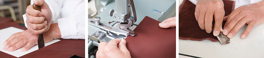 革包丁で裁断する手断ちの工程（左）。革漉きによる漉きの工程（中）。角は手漉きで行う。厚みは0.1mmほど。(右)。