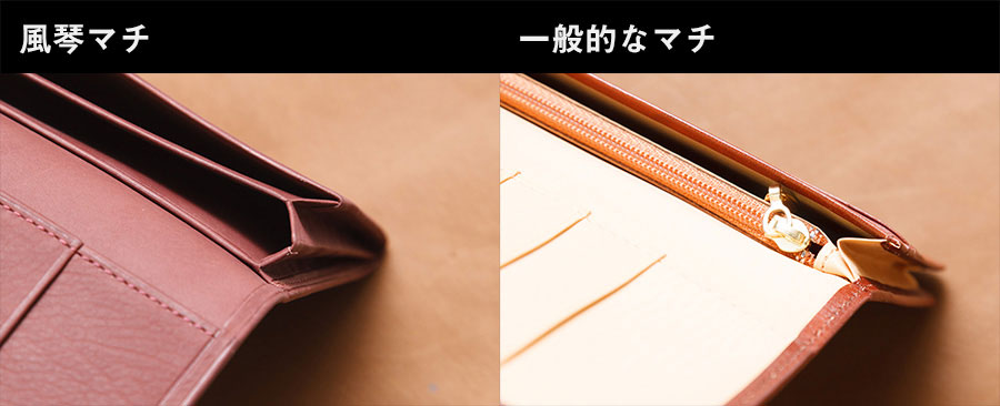 名刺などのカード類を傷つけない構造の風琴マチ（左）。右は通常のマチ（右）。